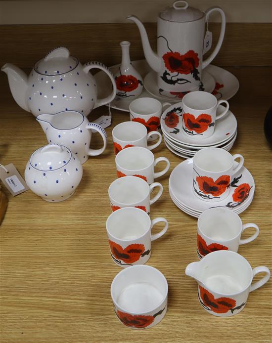 A collection of Wedgwood Susie Cooper Corn Poppy tableware and a blue spot teapot, milk jug and sugar bowl,